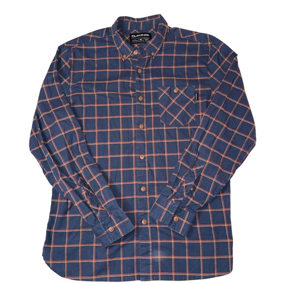 Dakine Mens Flannel Shirt Medium Long Sleeve Button Up Plaid Blue Orange - Picture 1 of 6